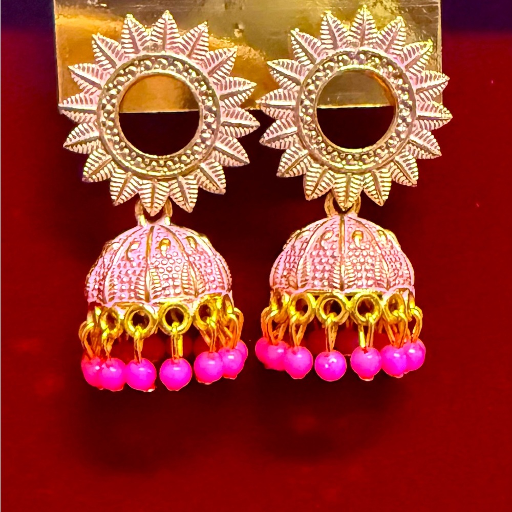 Elegant Gold and Pink Jhumka Earrings